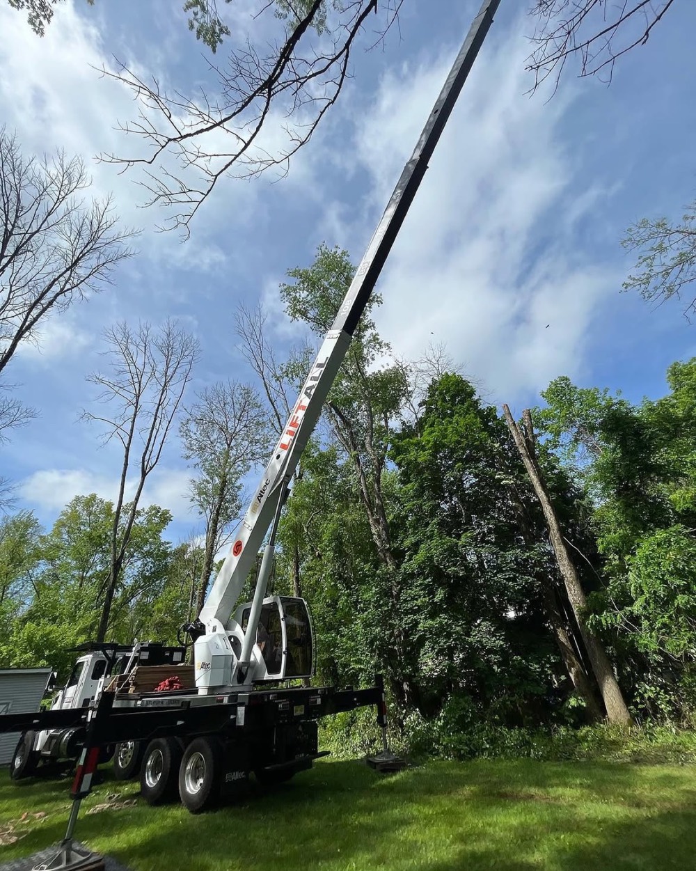 Crane truck with its boom raised into tall trees