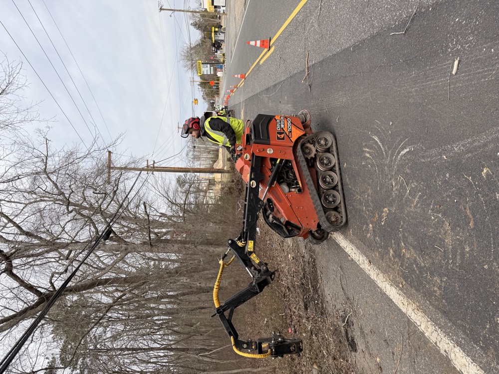 Tracked grapple machine clearing brush at a roadside